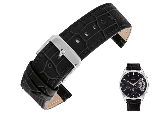 Oryginalny czarny pasek ze skóry naturalnej z tłoczeniem aligatora do zegarka Tommy Hilfiger 1710449 o szerokości 22 mm.